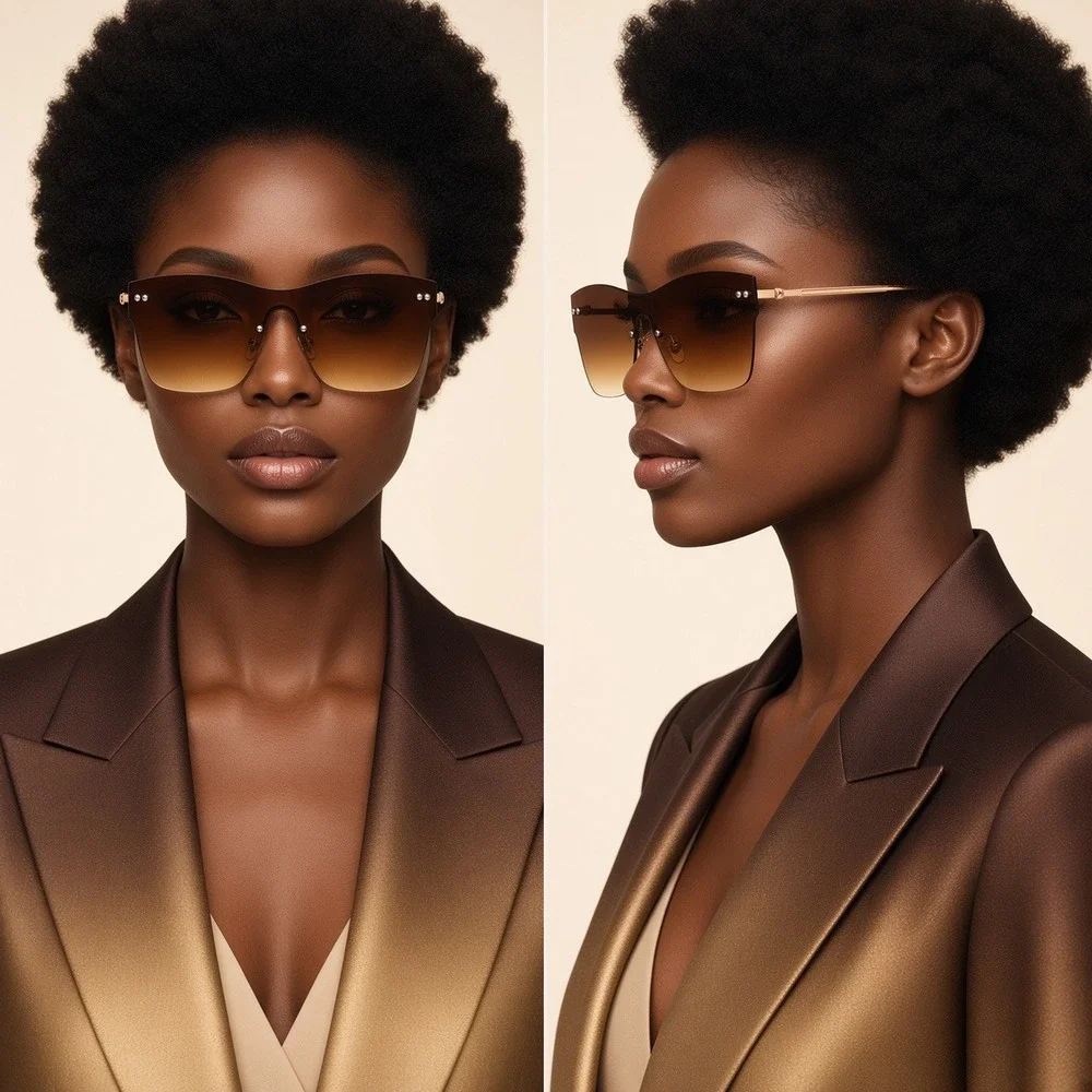 Womens Rimless Shield Sunglasses Brown Gradient Gold Metal Frame Oversized UV400